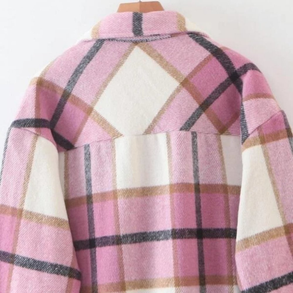 Casual Plaid Flap Pocket detailed button down pink Overshirt - Picture 15 of 16